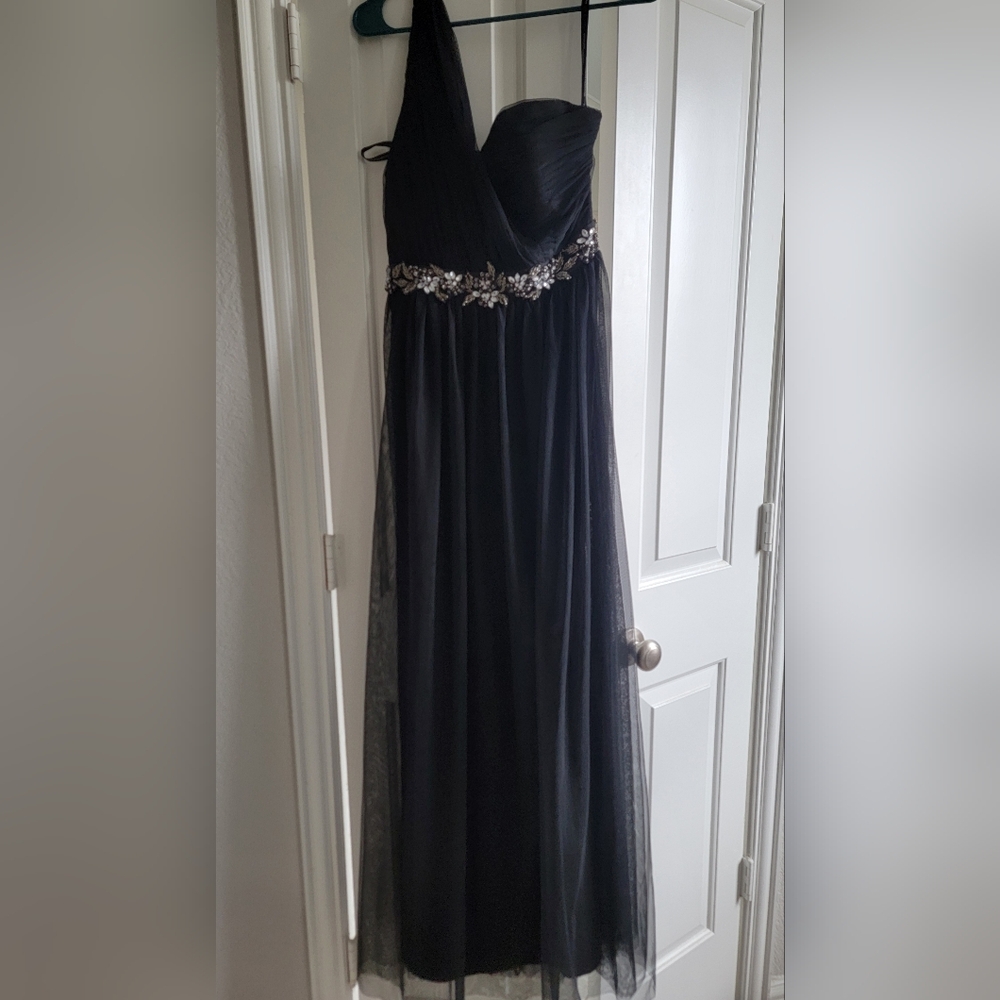 Little Mistress Black One-Shoulder Evening Gown with Embellished Waistband